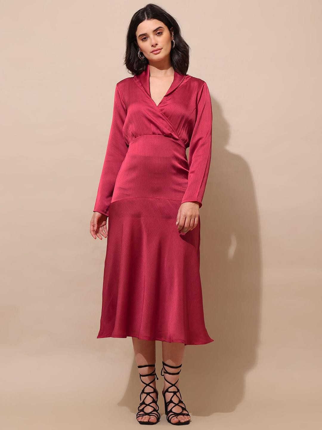 OBSHIVKA Women Gathered Long Sleeve Fit & Flare Midi Dress