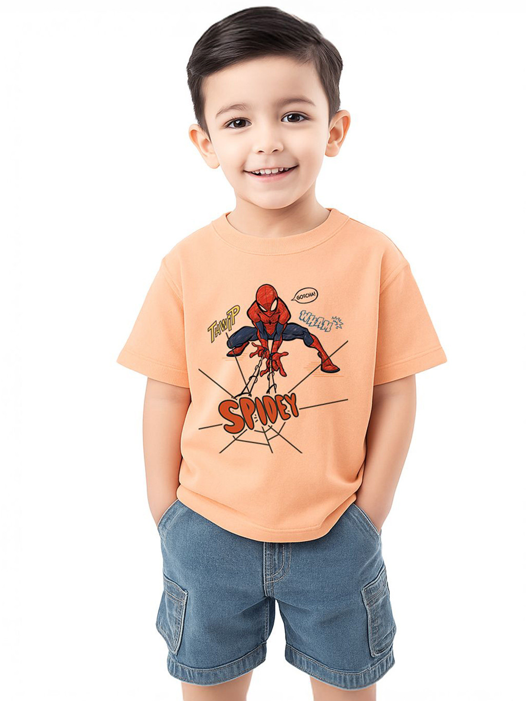 Nauti Nati Boys Spider-Man Printed Drop-Shoulder Sleeves Cotton T-shirt