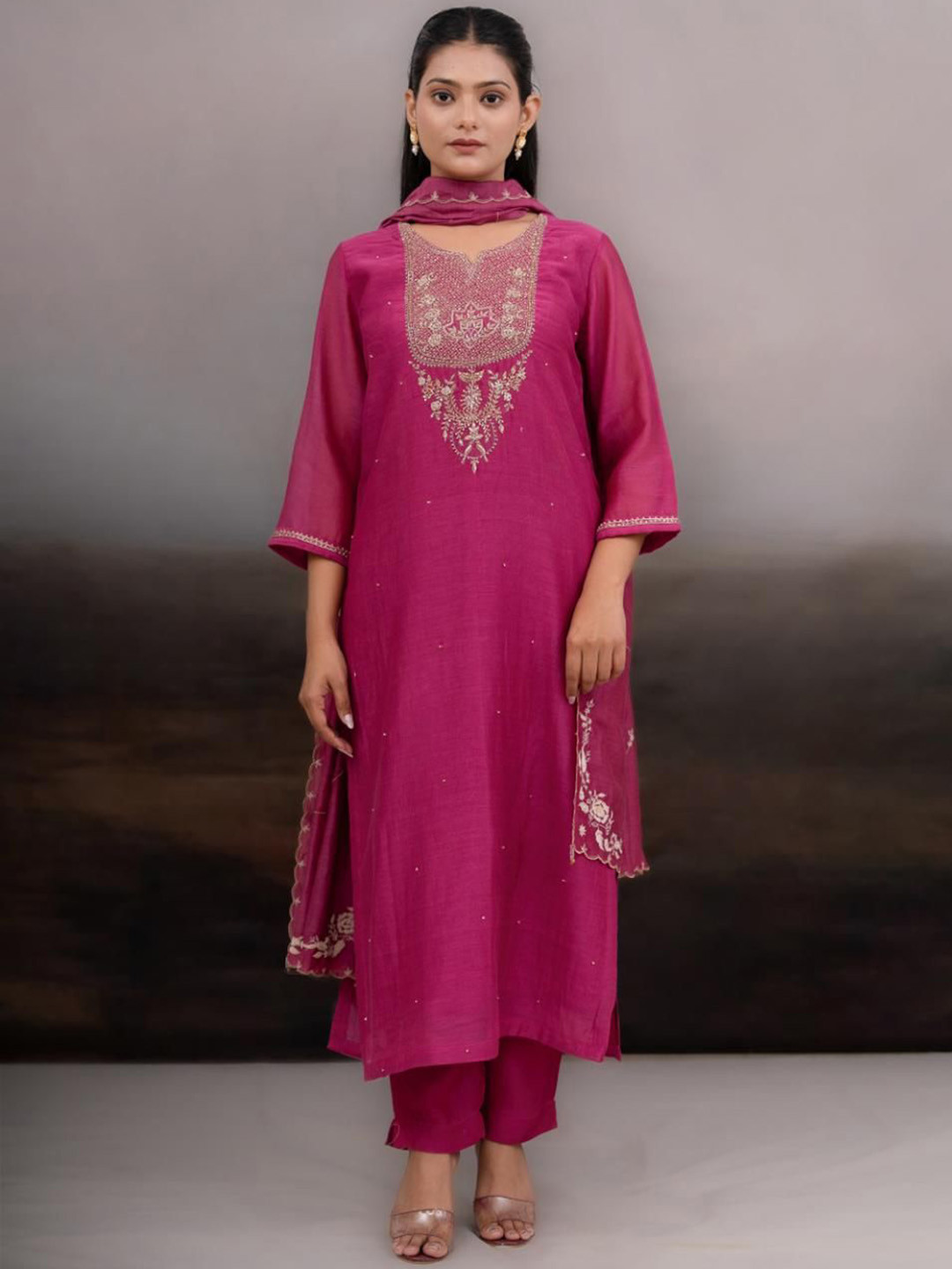 TATWA DESIGNS Women Rani Pink Paanch Patti Zardosi Suit Set