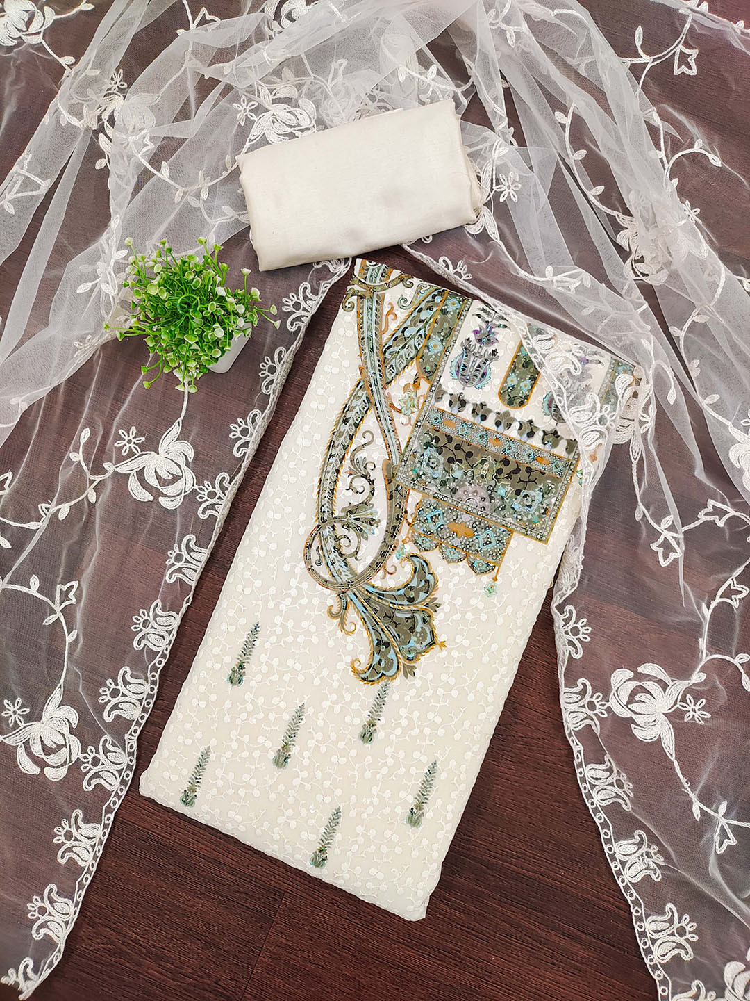 MANVAA Botanical Embroidered Thread Work Georgette Unstitched Dress Material