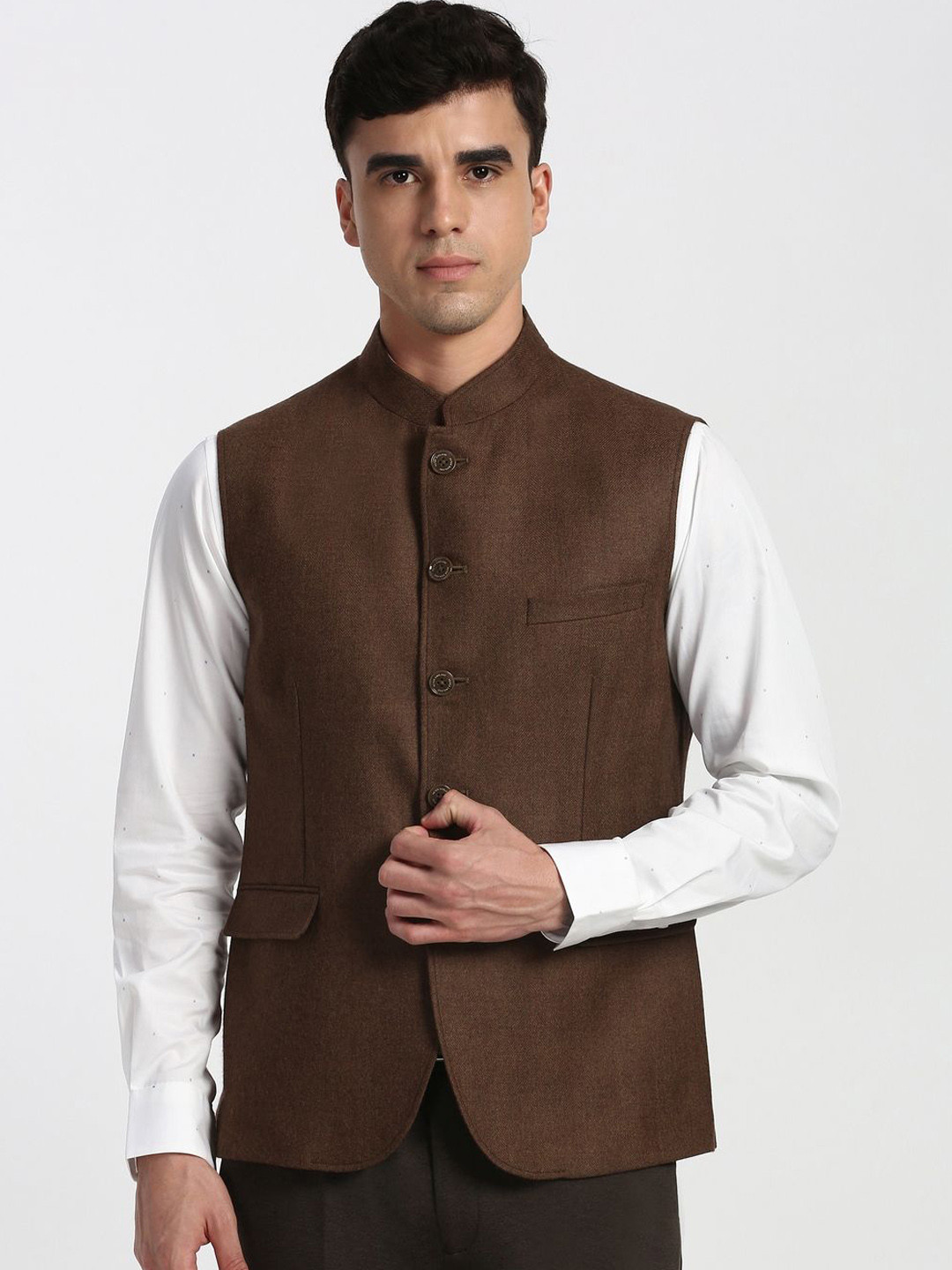 Peter England Elite Textured Mandarin Collar Nehru Jacket