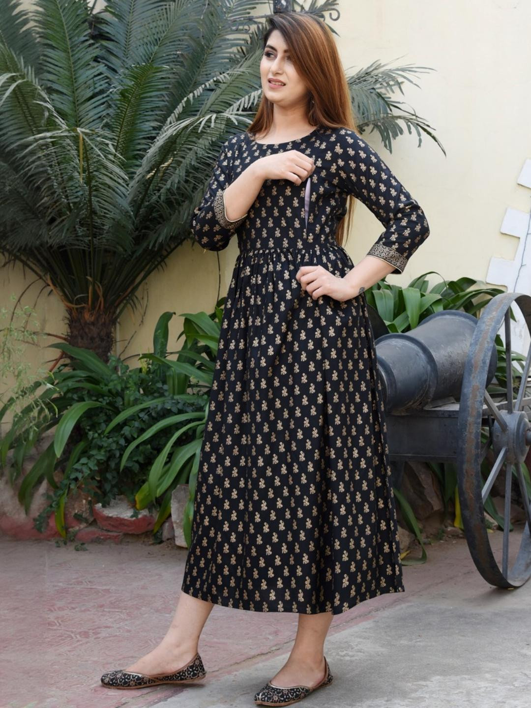 Saanvi Collection Black Ethnic Motifs Anarkali Round Neck Breastfedding Maternity Kurtis