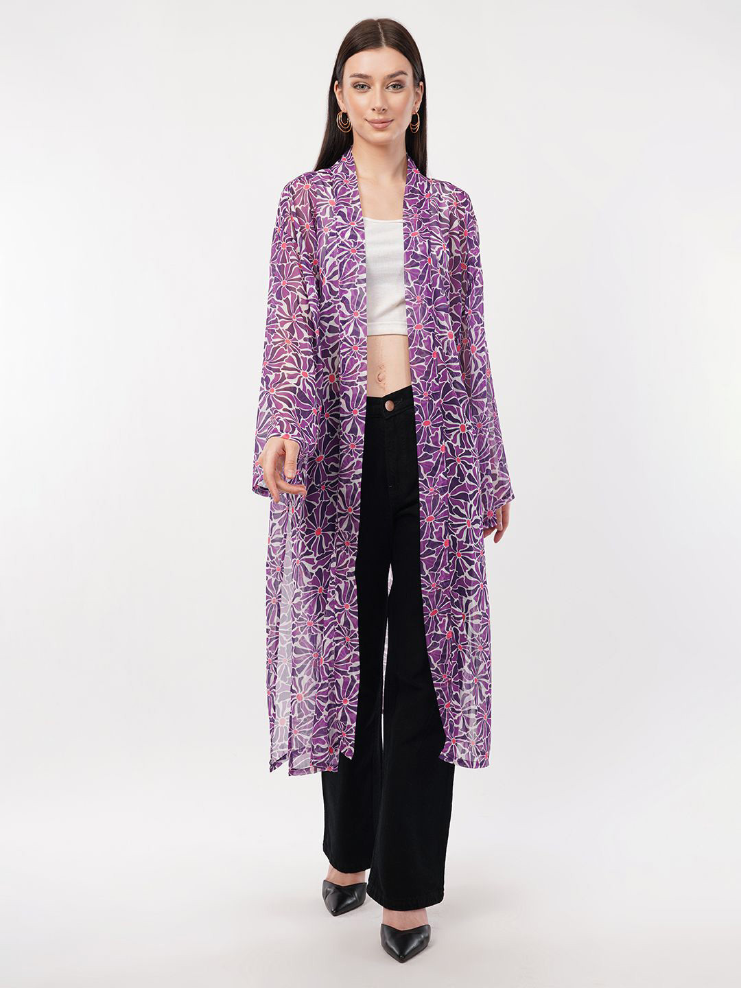 FLY STITCH Floral Printed Longline Chiffon Open Front Shrug