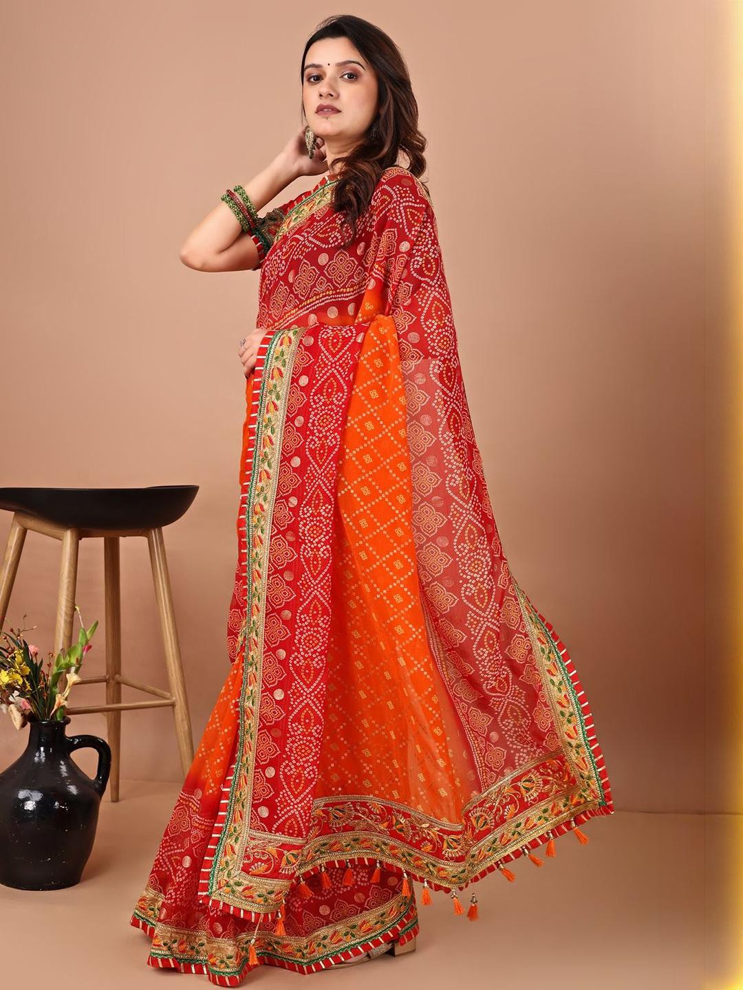KALINI Bandhani Gotta Patti Georgette Saree