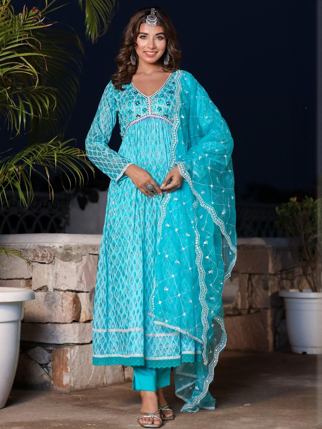 Aavanya Sea Green Chinon Anarkali V-Neck Thread Work Kurta & Trouser With Dupatta