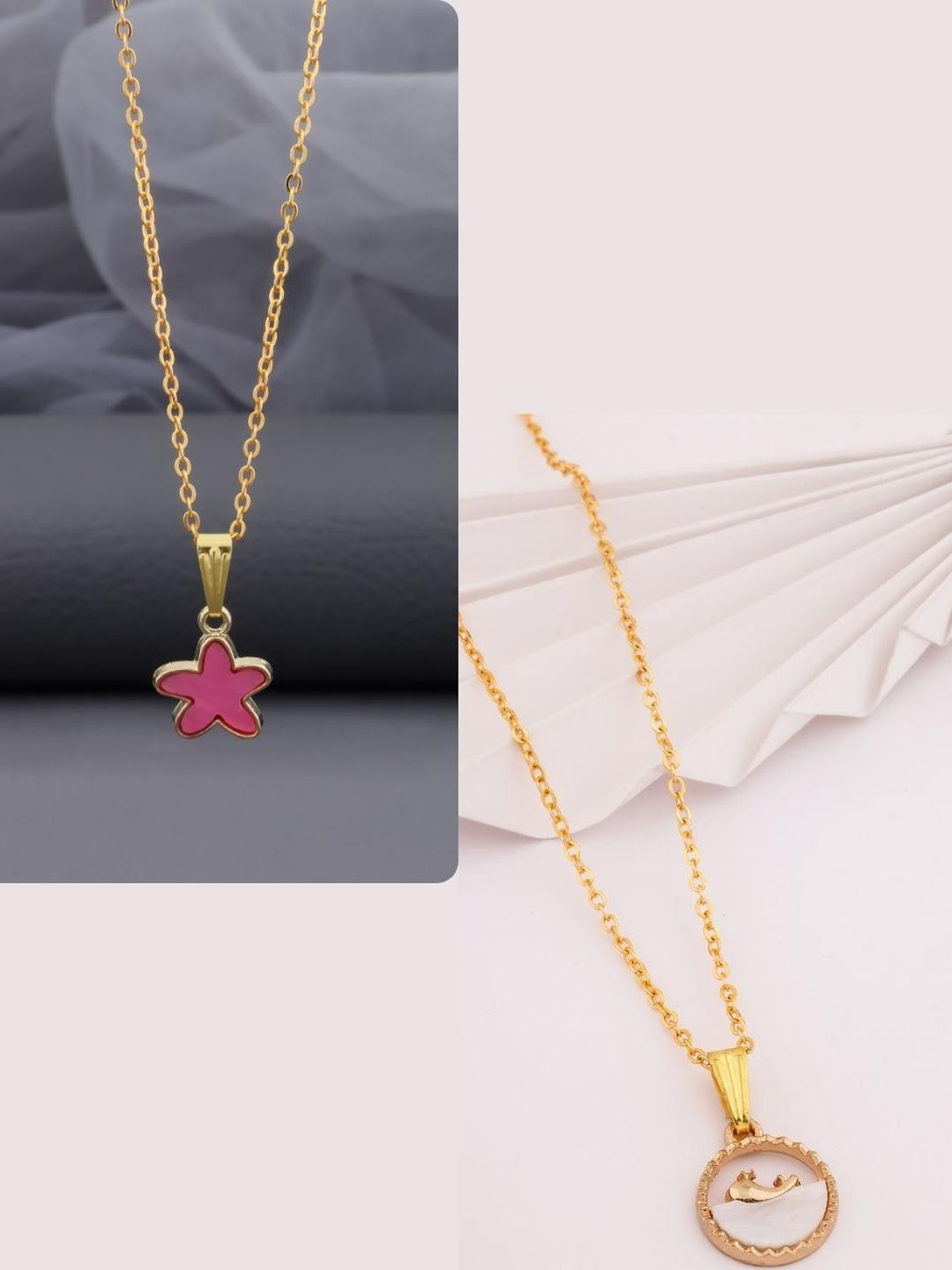 DressBerry Women White & Pink Star Charms Brass Gold-Plated Set Of 2 Chains