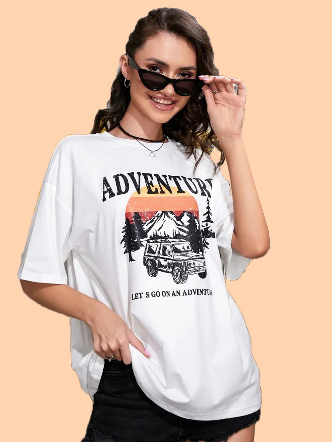 Christy World Typography Printed Round Neck Drop-Shoulder Sleeves Oversized T-shirt