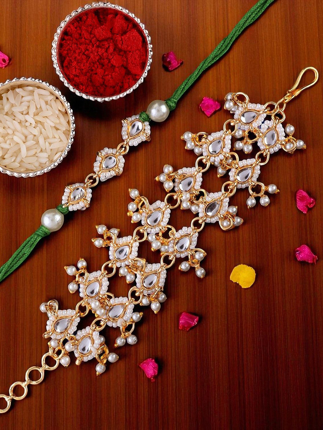 SHONA'S STYLE Stones Studded & Beaded Bhaiya Bhabhi Rakhi With Roli Chawal & Greeting Card
