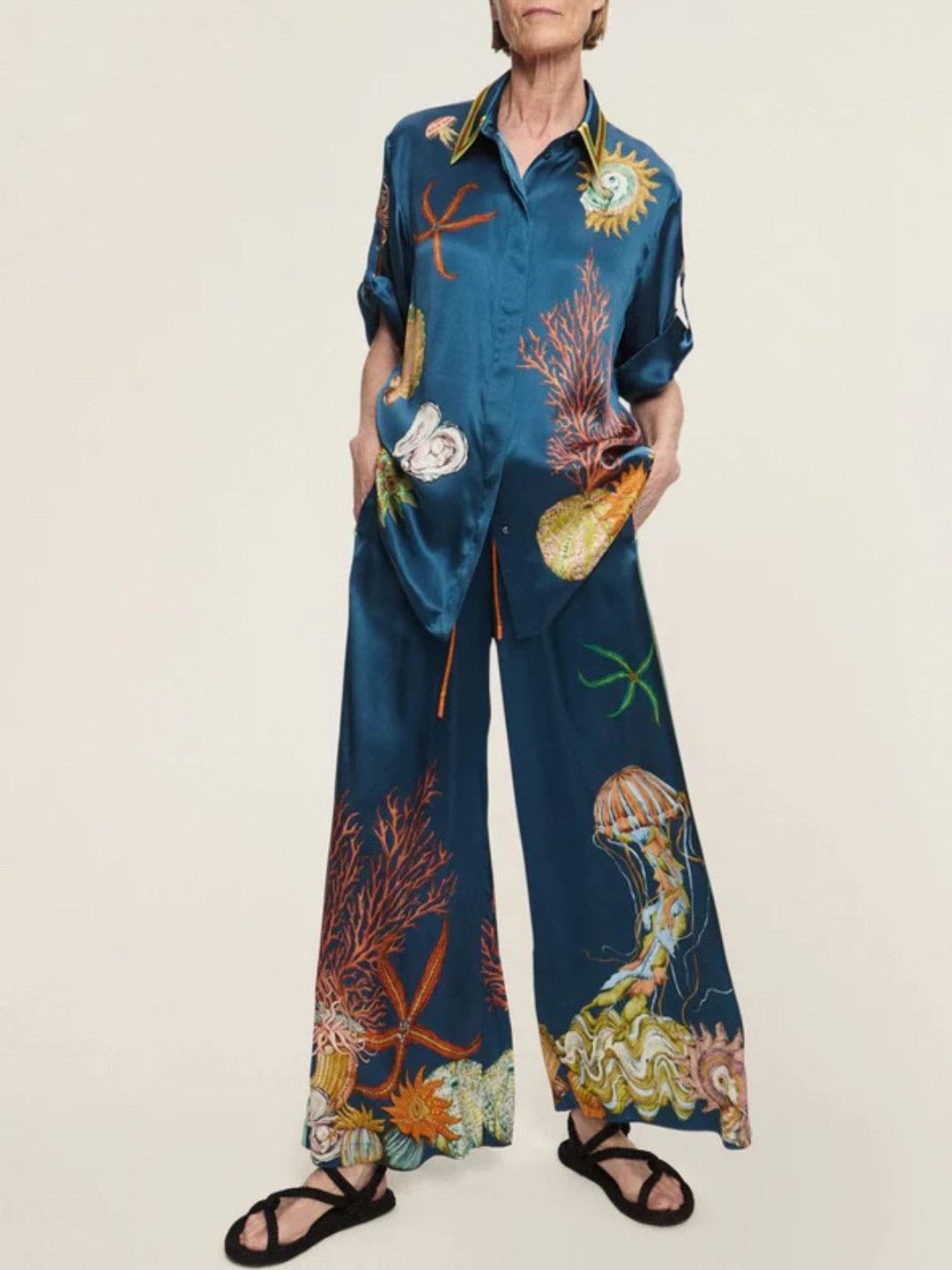 StyleCast Marine Life Printed Shirt & Wide Leg Trousers Co-Ord Set