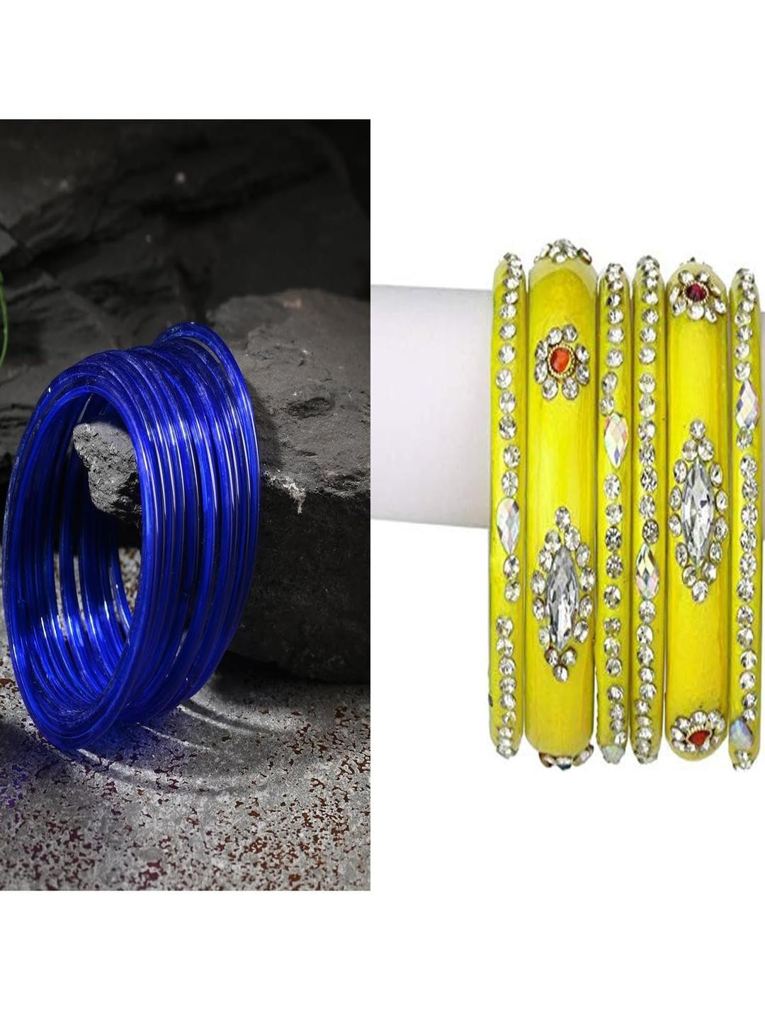 SOMIL Women Set of 18 Blue And Yellow Ethnic Artificial Stones Traditional Bangles