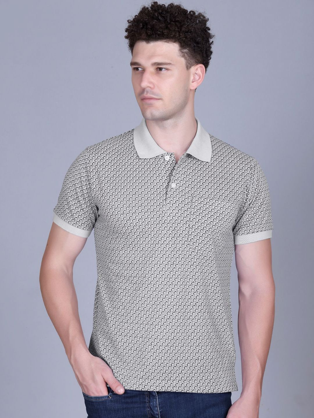Grey Geometric Printed Polo Collar T-shirt