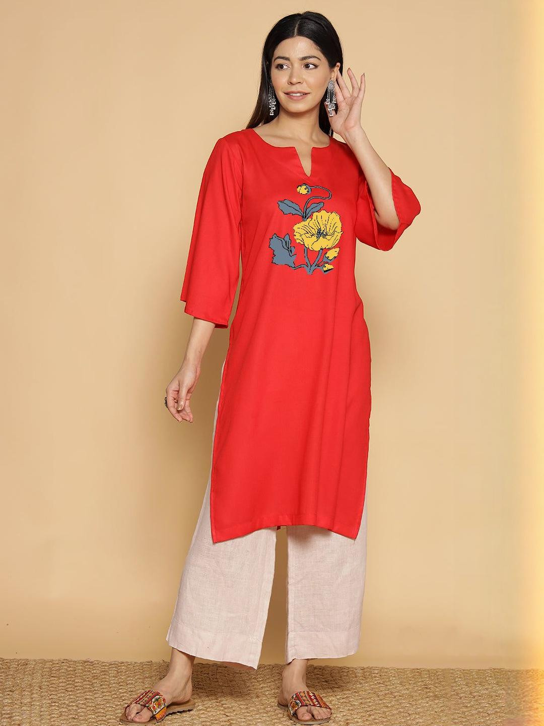 LetsDressUp Women Floral Print Red Rayon Kurta