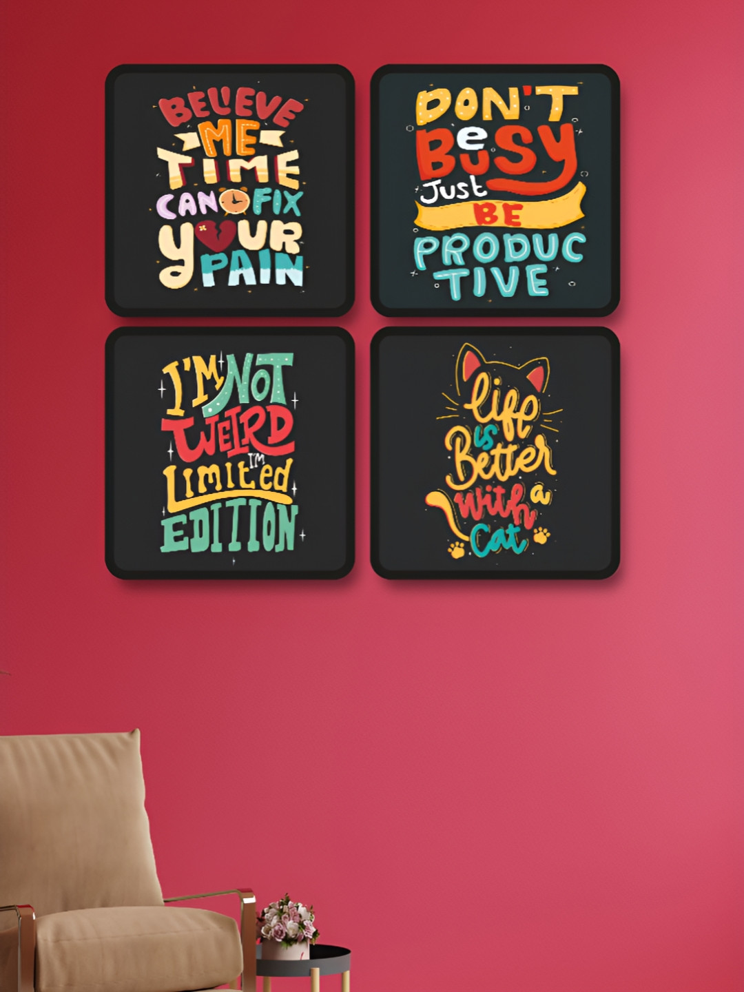 Livin'luxe Black & Yellow 4 Pieces Motivational Cat Quote Printed Wall Arts