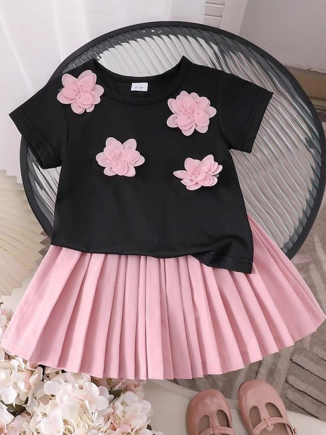 LULU & SKY Girls Floral Self Design Pure Cotton T-shirt With Skirt