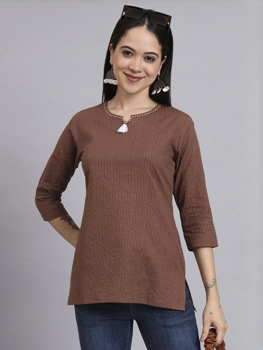 aayusika Women Katha Embroidered Vertical Stripes Round Neck Cotton Top