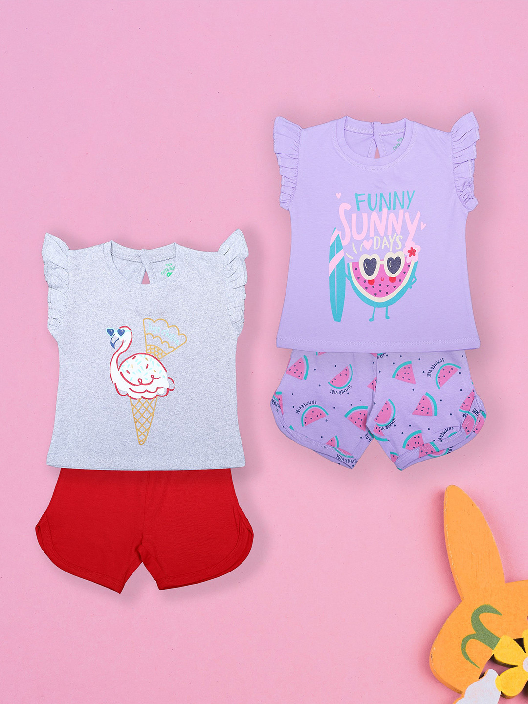 YUV Infant Girls Pack Of 2 Animal Graphic Printed Pure Cotton T-shirts With Shorts