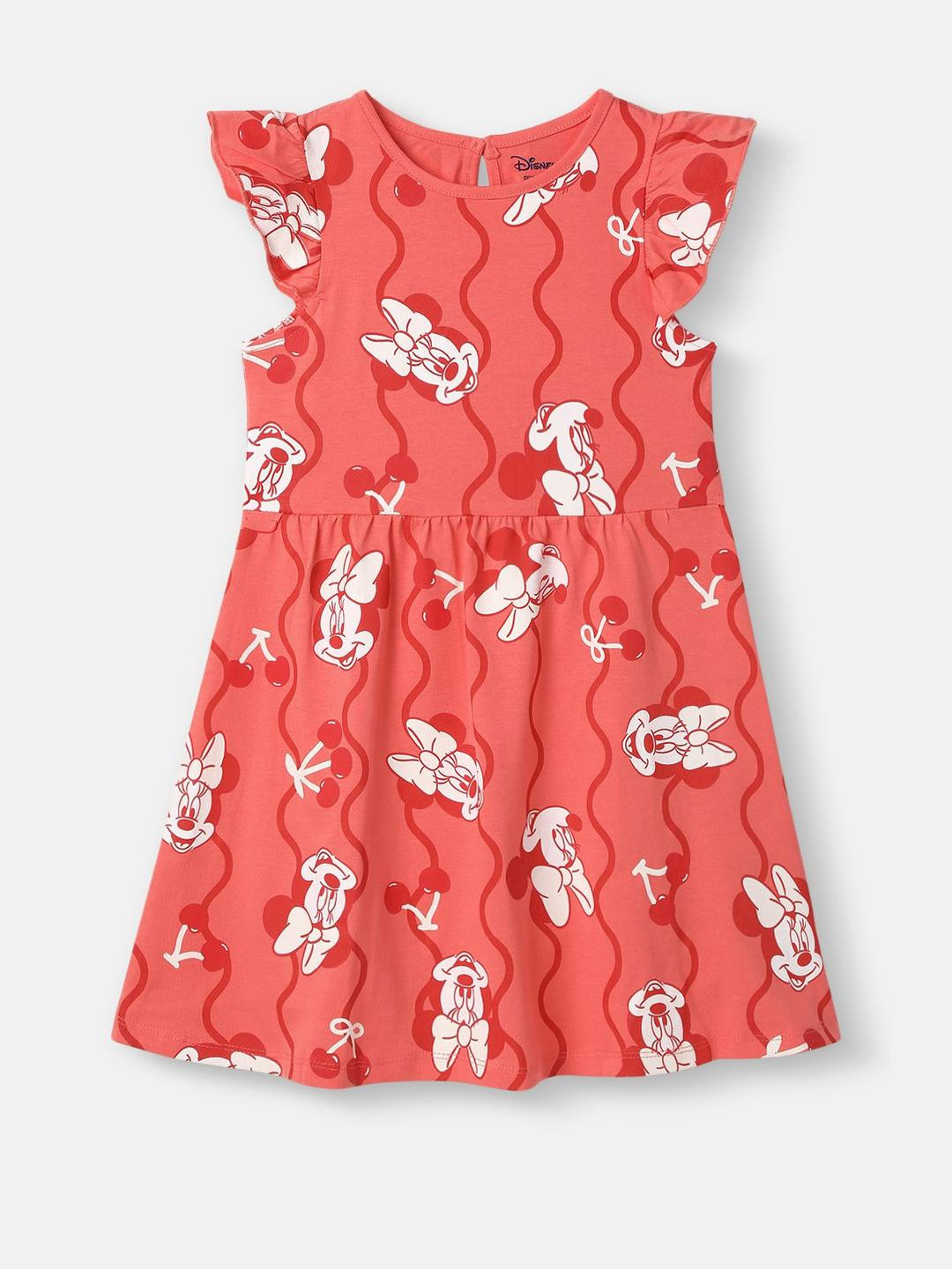 Nauti Nati Girls' Graphic Mickey Mouse Printed Flutter Sleeves Cotton A-Line Dress