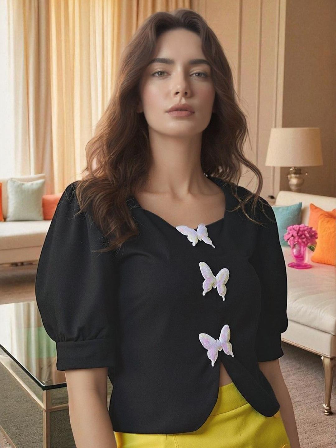 SFOTY Women Short Sleeves Butterfly Appliqu Details Top