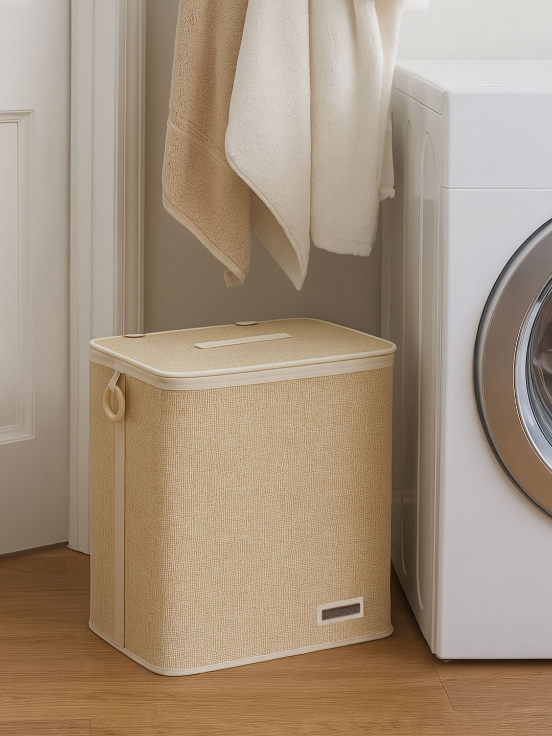 OBSESSIONS Beige & White X-Large Foldable Laundry Storage Basket