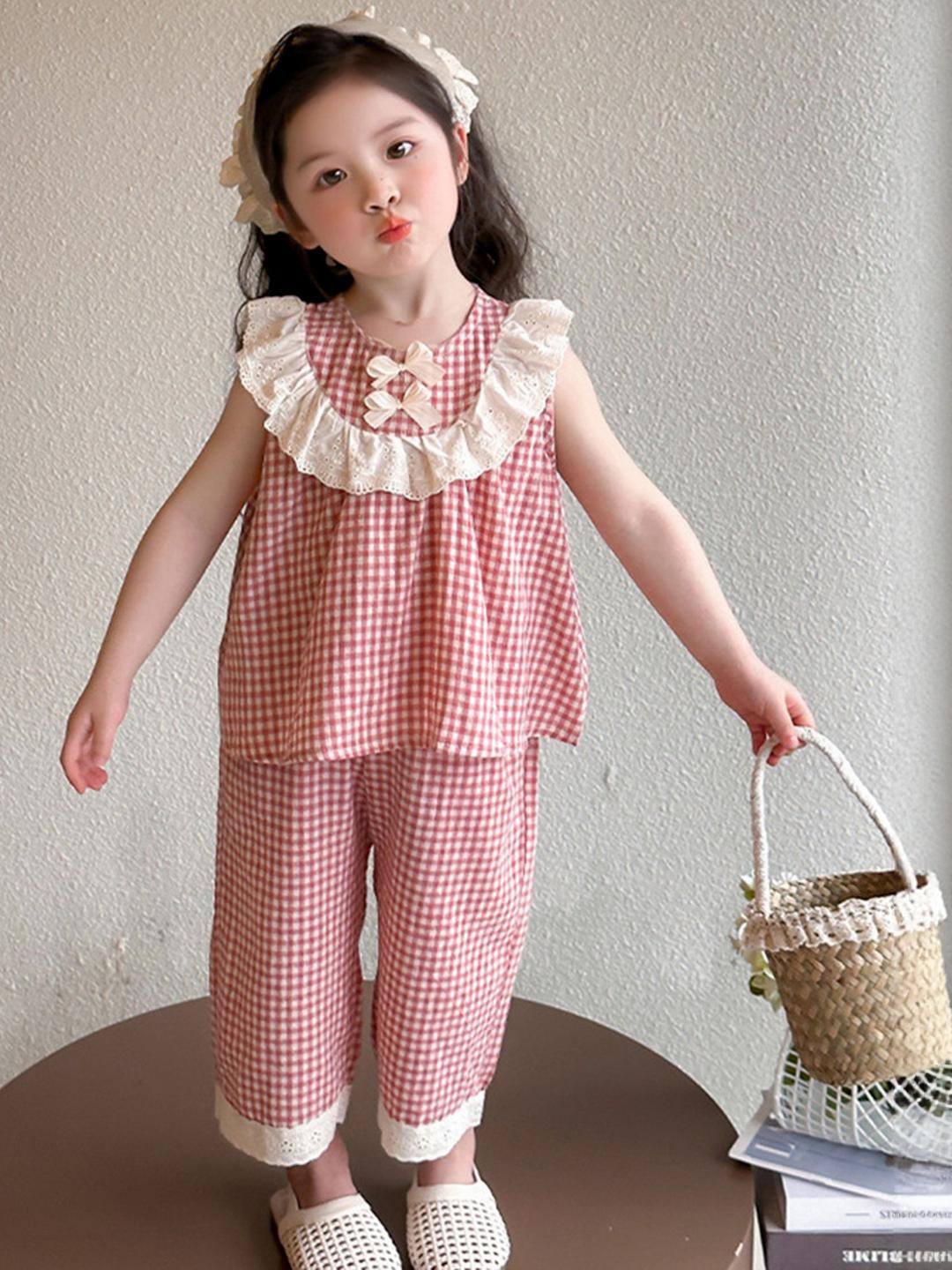 LULU & SKY Girls Gingham Checked Lace Detail Sleeveless Top With Palazzos