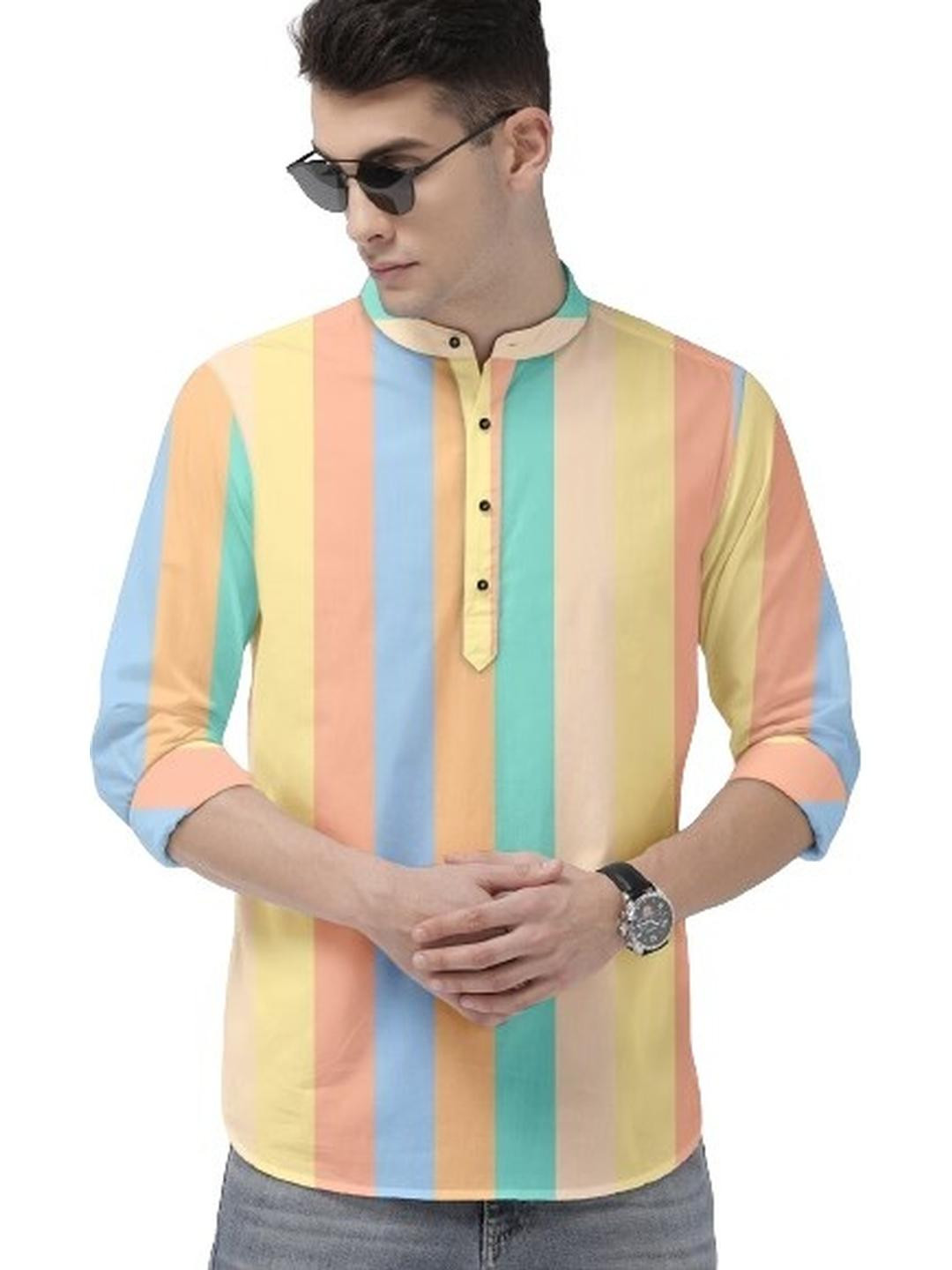 ISUEL FAB Orange Cotton Spread Collar Striped Shirts