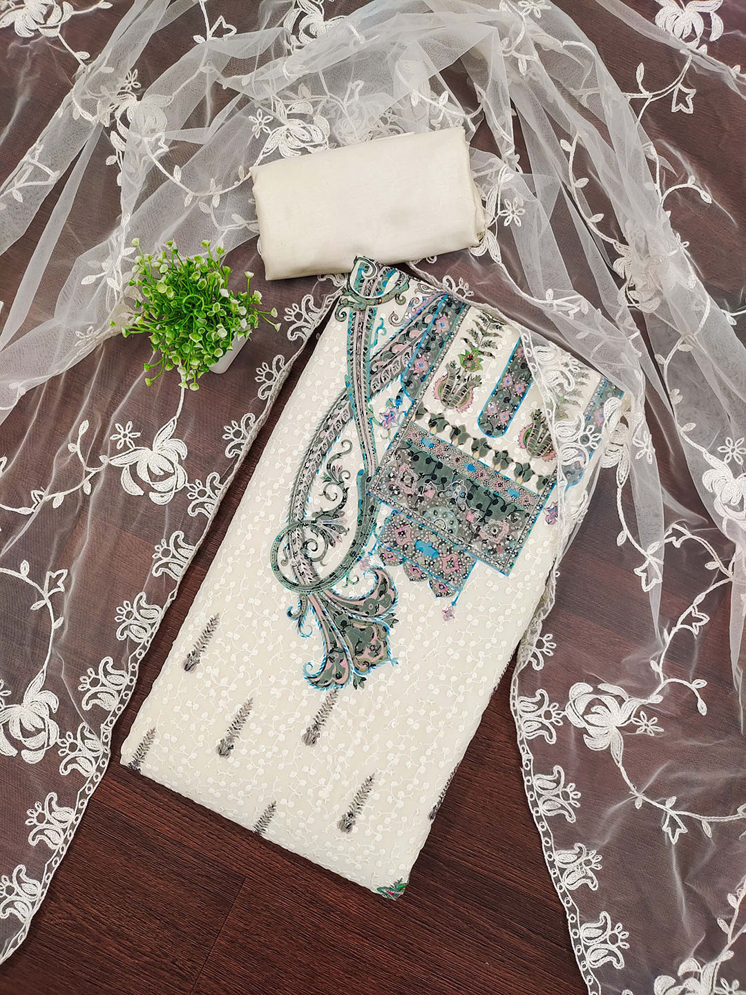 MANVAA Botanical Embroidered Thread Work Georgette Unstitched Dress Material