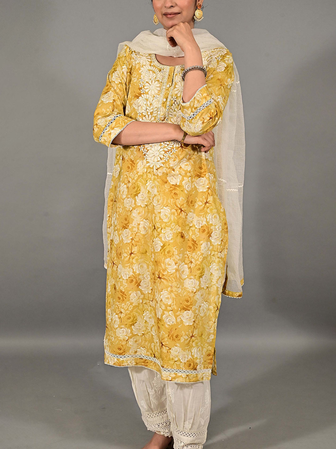 THE BEHRUZ THEORY Floral Printed Thread Work Straight Kurta With Salwar & R Dupatta