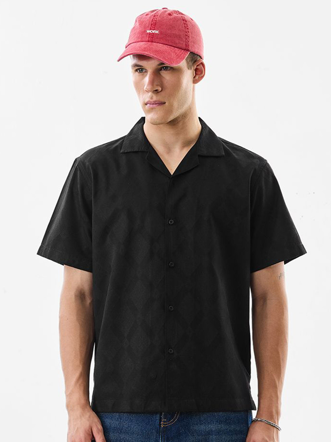 Snitch Boxy Fit Geometric Self Design Short Sleeves Shirt