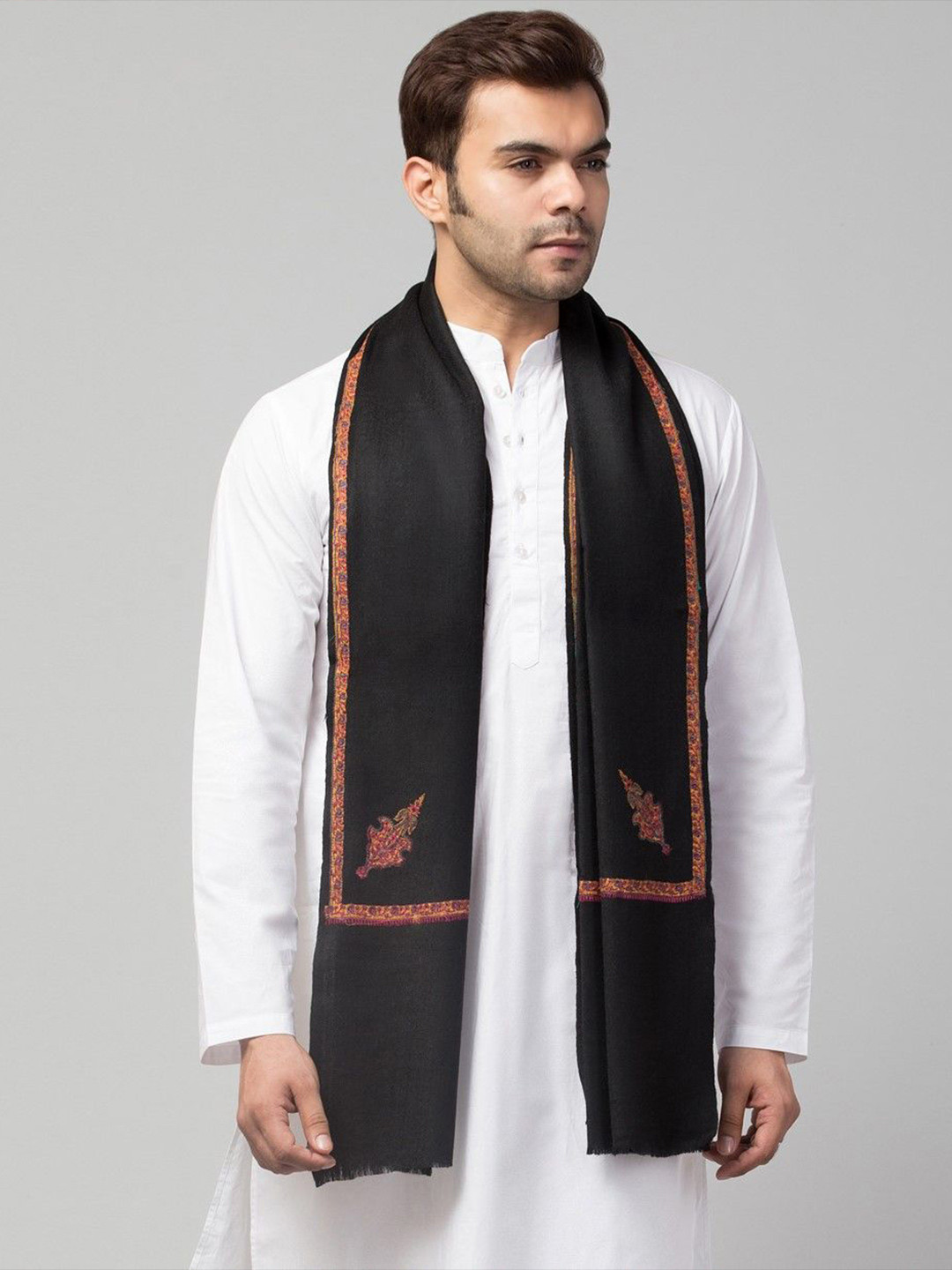 Tweedle Men Fine Wool Kingri Embroidery Stole With Fringes