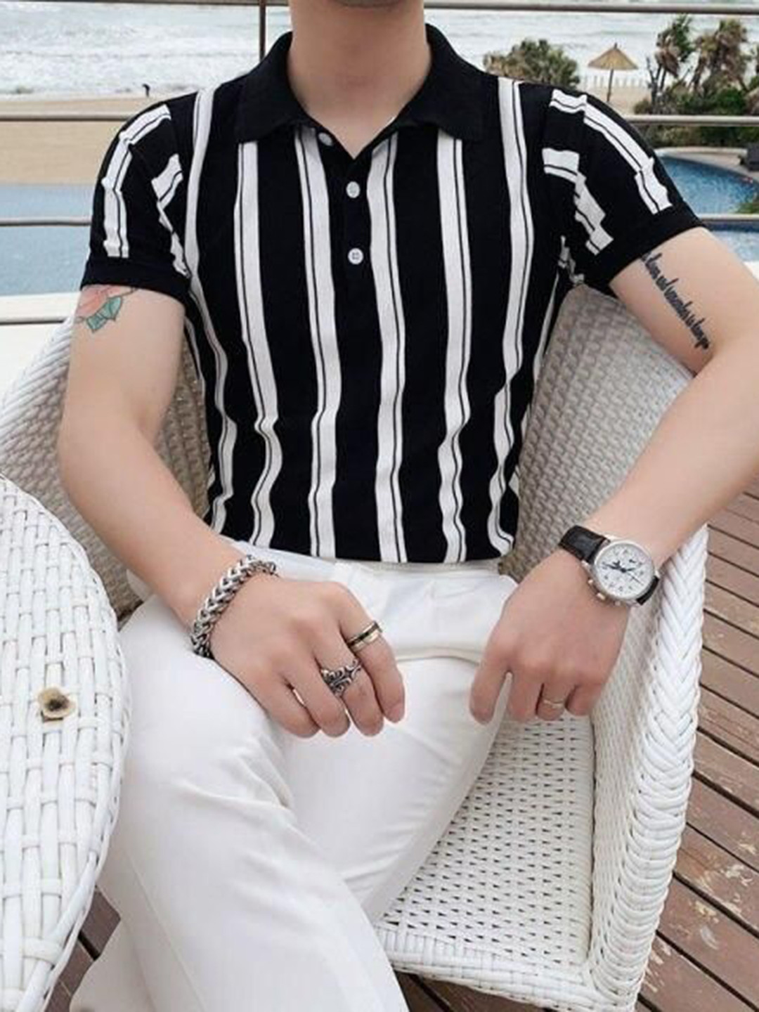 TANDUL Striped Polo Collar T-shirt