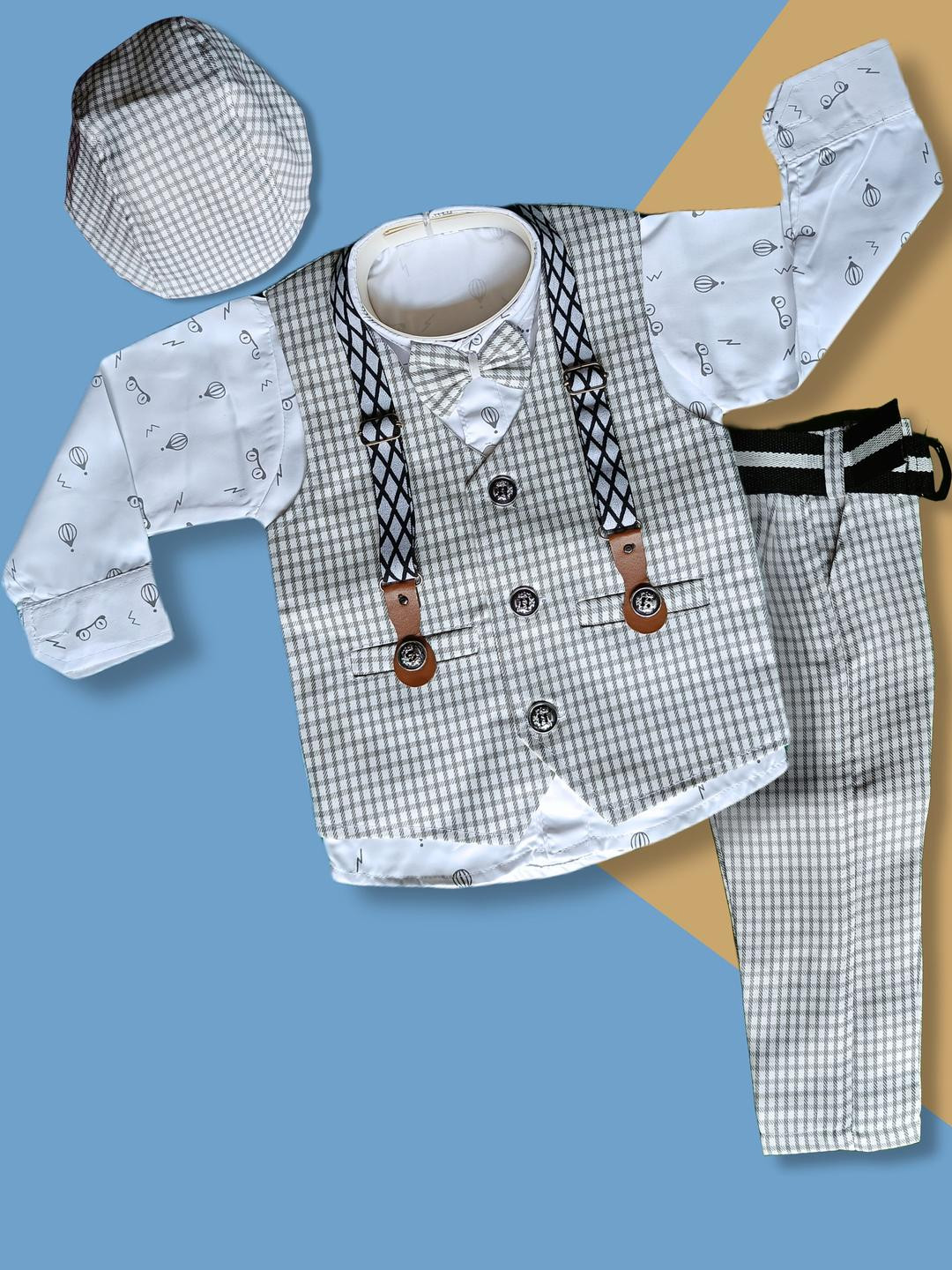 COMFORTABLE 3 PC SUIT FOR BABY BOYS SHIRT PANT WAISTCOAT BOW-TIE & CAP