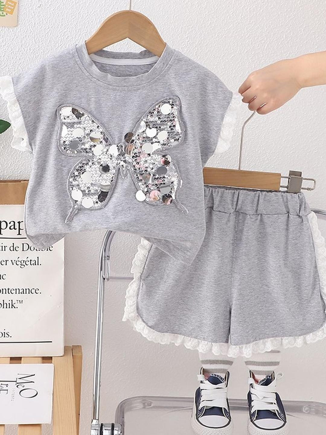 LULU & SKY Girls Self Design Butterfly Applique Round Neck Pure Cotton Top With Shorts