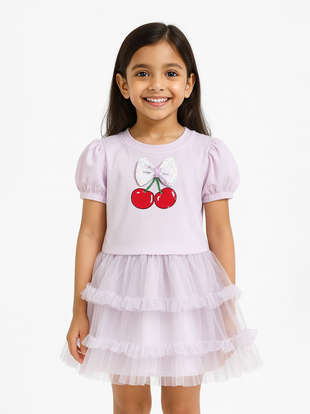 POP STREET KIDS Girls Print Puff Sleeve Net A-Line Dress