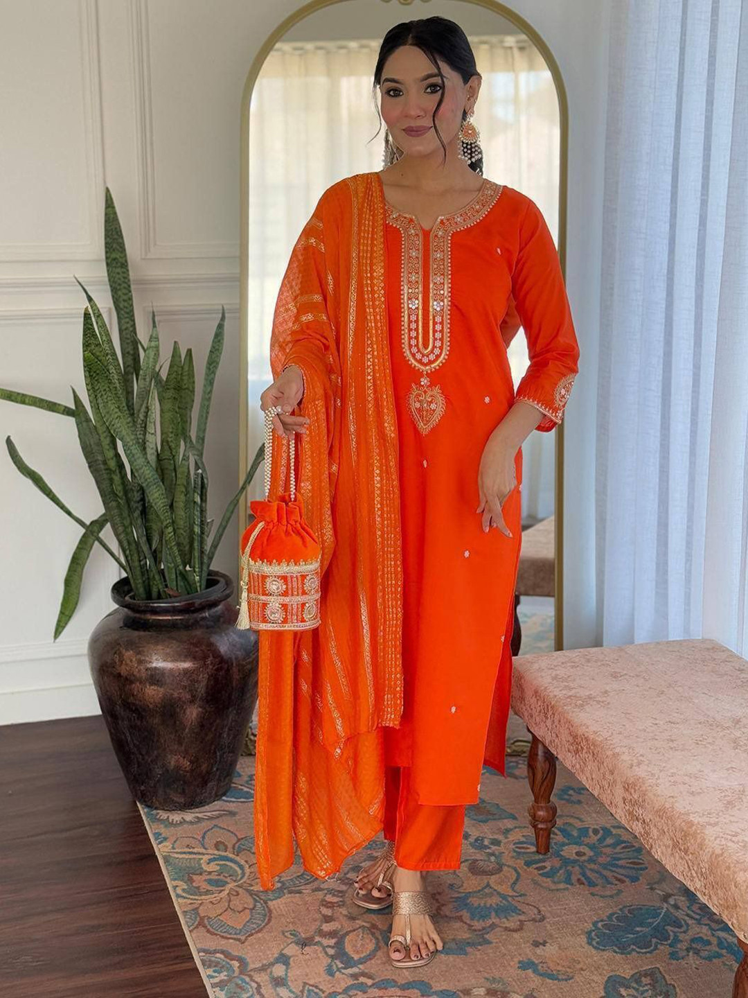 DMUNESH FASHION Women Embroidered Regular Sequinned Kurta & Pyjamas With Dupatta