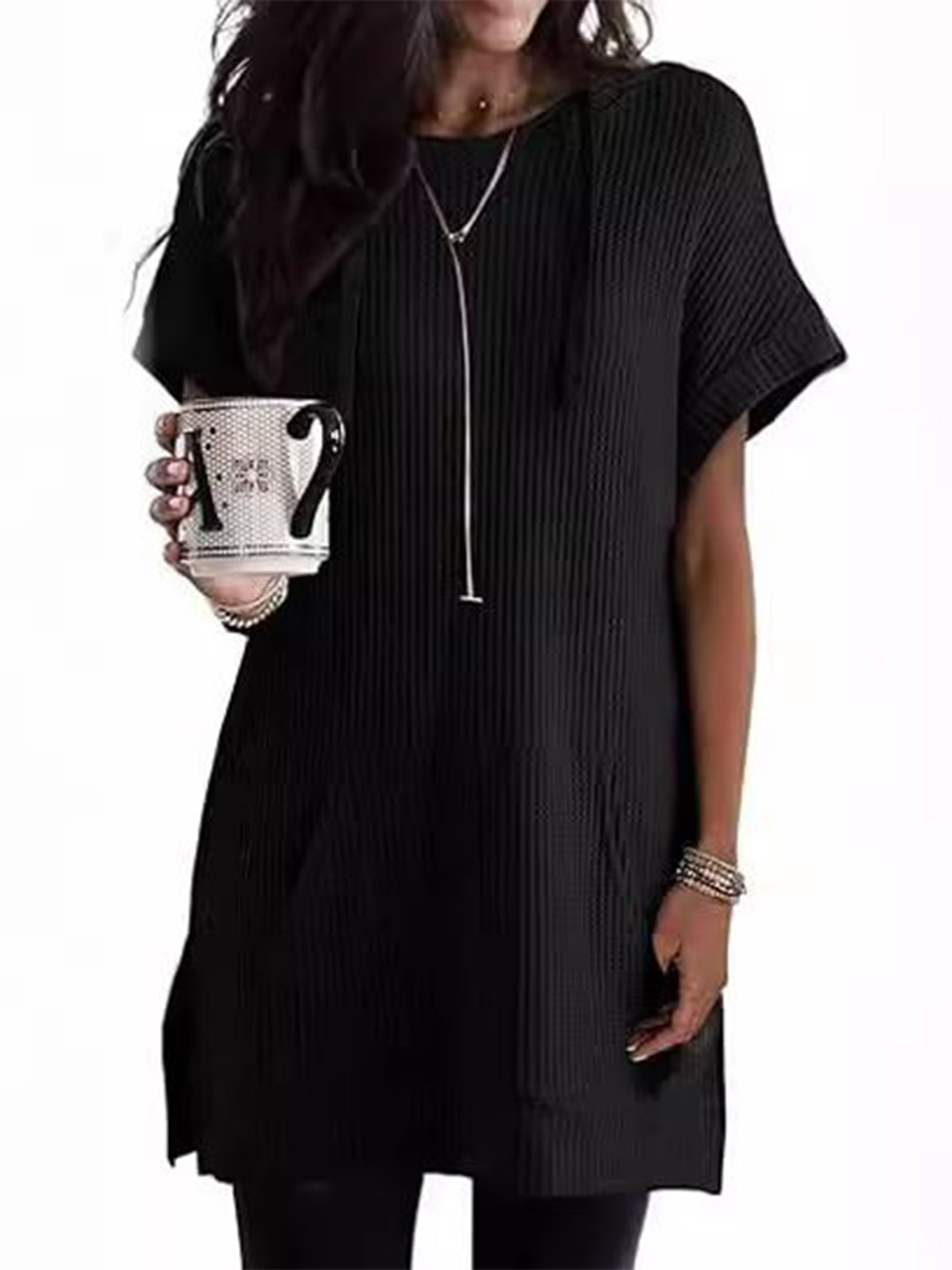 bebe Women Short Sleeves Hooded Longline Sweatshirt