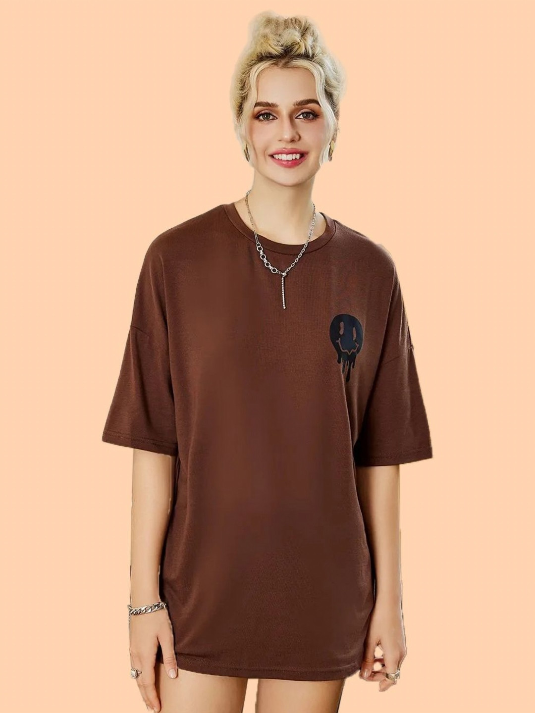 Christy World Typography Printed Round Neck Drop-Shoulder Sleeves Oversized T-shirt