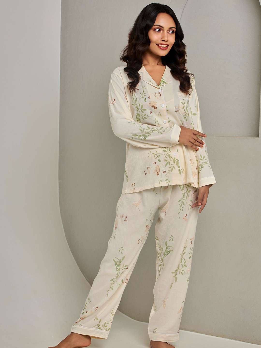 ANSEE by Addery Women Shirt Collar Floral Printed Night suit