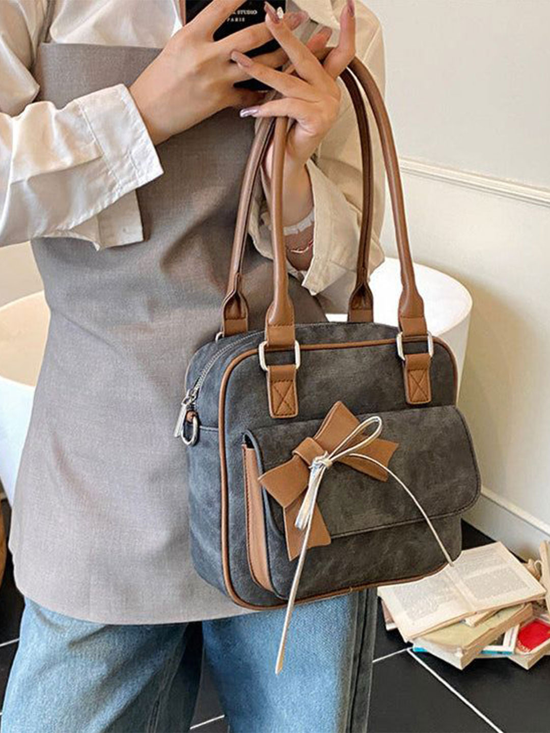 Outzidr Bow Detail Oversized Shopper Shoulder Bag