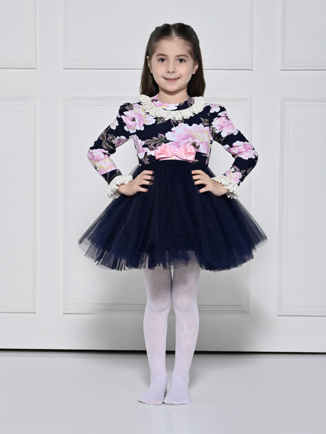 THE PONY & PEONY CO. Girls Cotton Navy Blue Rose Floral Print Fit & Flare Dress