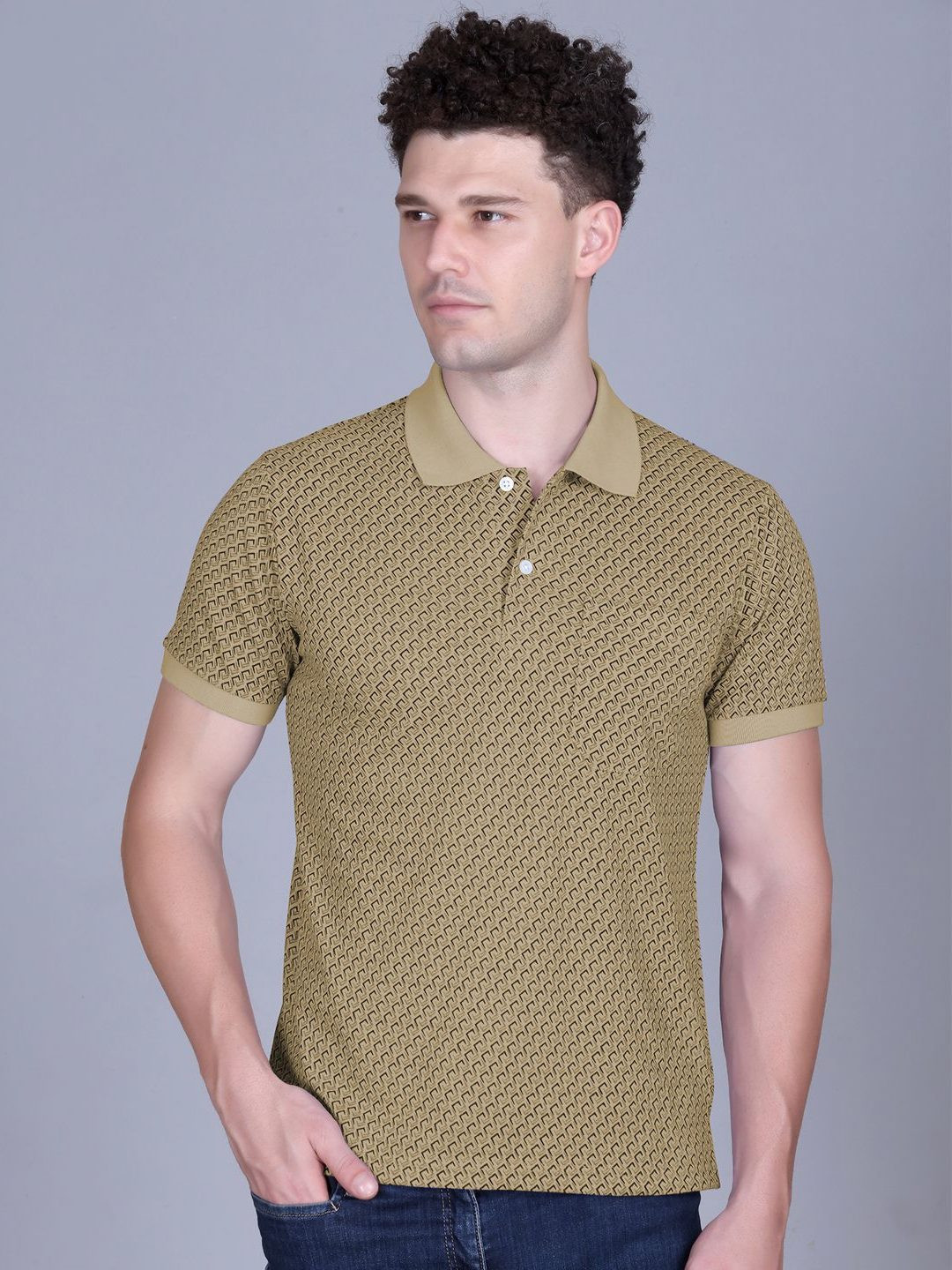 Cream Black & White Geometric Polo Collar T-shirt