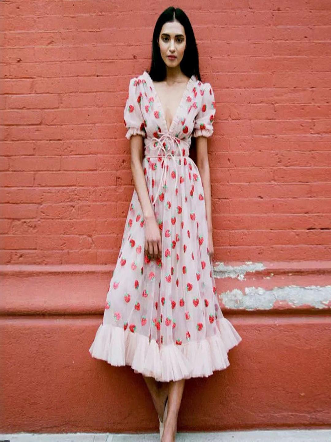 StyleCast Women Strawberry Embellished Midi Puff Sleeve Dress
