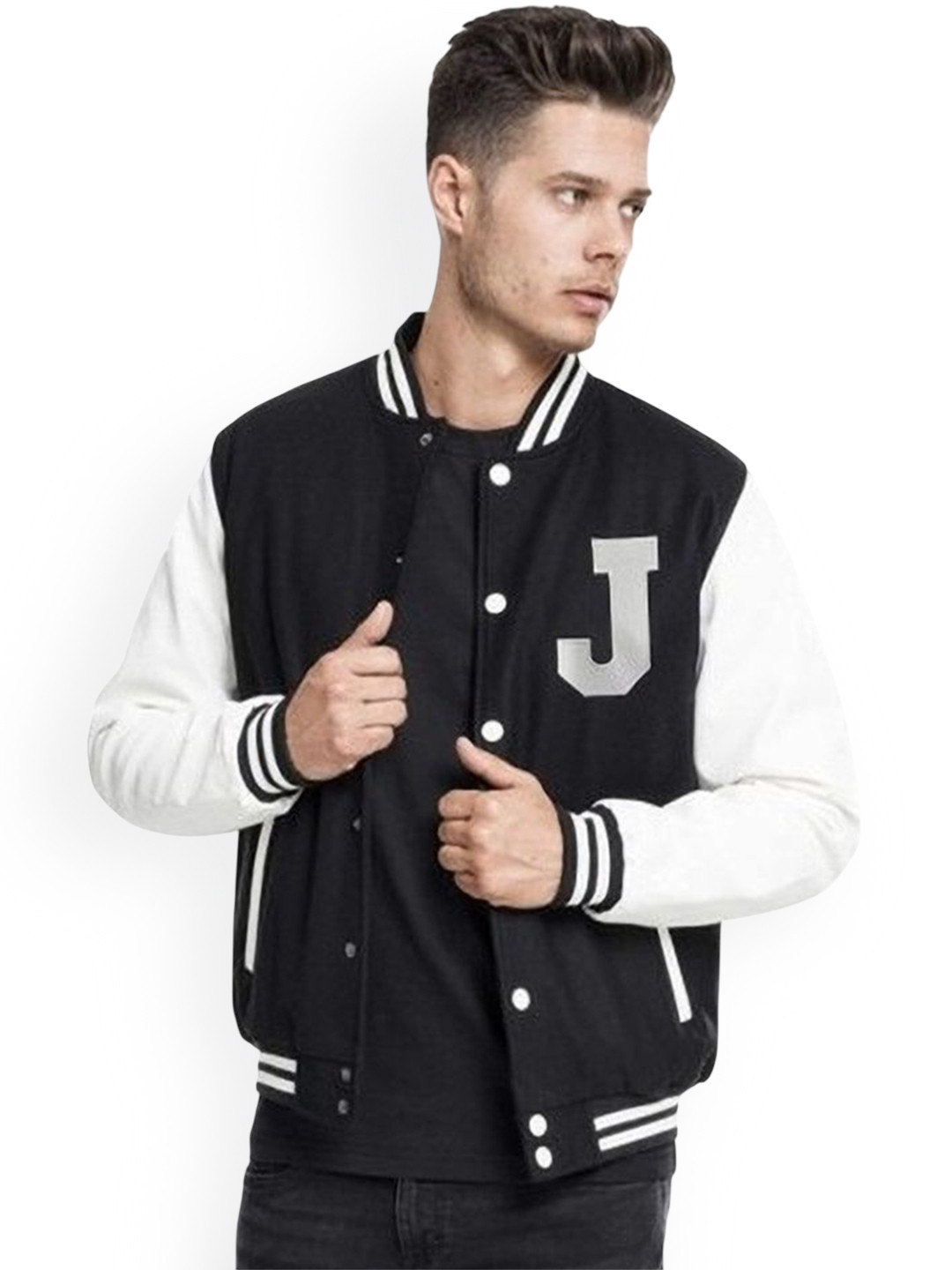 PAKLON Colourblocked Mandarin Collar Fleece Cotton Varsity Jacket