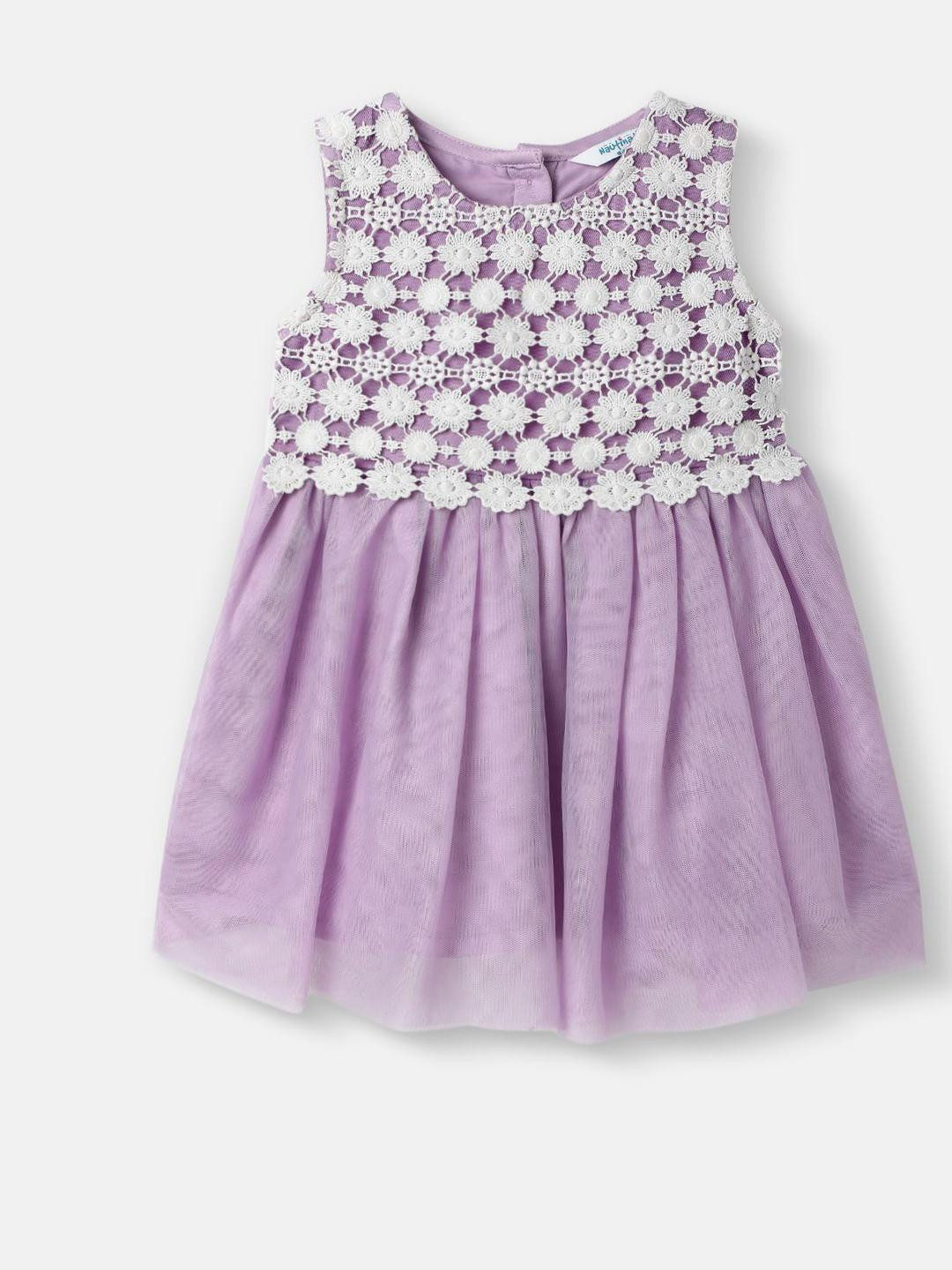 Nauti Nati Girls Floral Emboridered Fit & Flare Mesh Party Dress|Applique Design with Lace