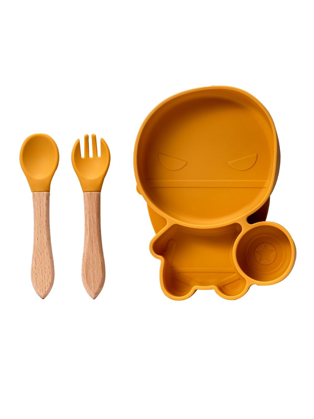 Adore Kids 3Pcs Yellow & Brown Textured Silicone & Bamboo Baby Utensils Set
