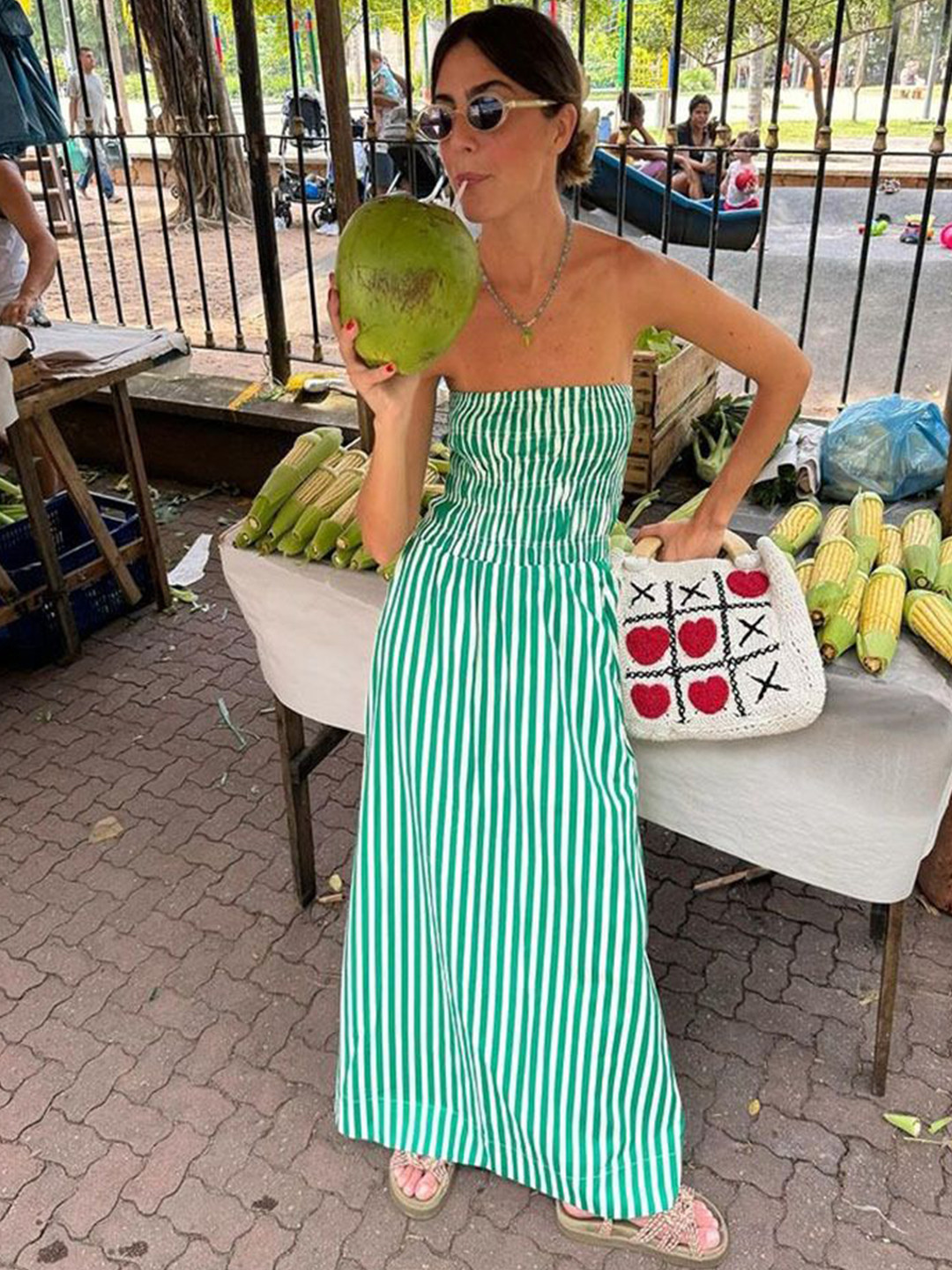 MIAKEE Striped Off-Shoulder Bell Sleeve Maxi Dress