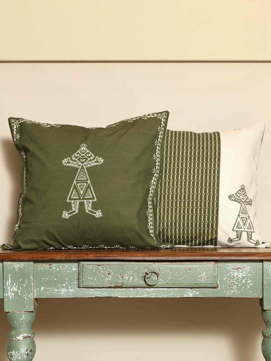 Crown of Poppies Sacred Geometry Pack of 2 Olive Rajasthani Mandana Series Cushion Covers