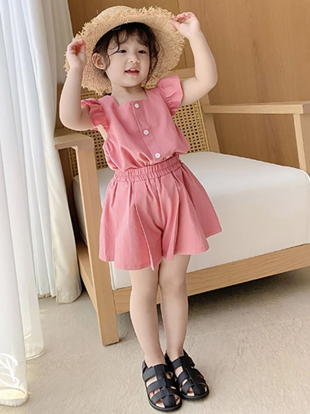 LULU & SKY Girls Square Neck Button Up Pure Cotton Top With Shorts