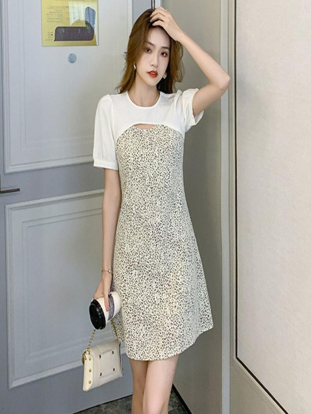 StyleCast Women Animal Printed Puff Sleeves A-Line Dress With Cut-Out Details