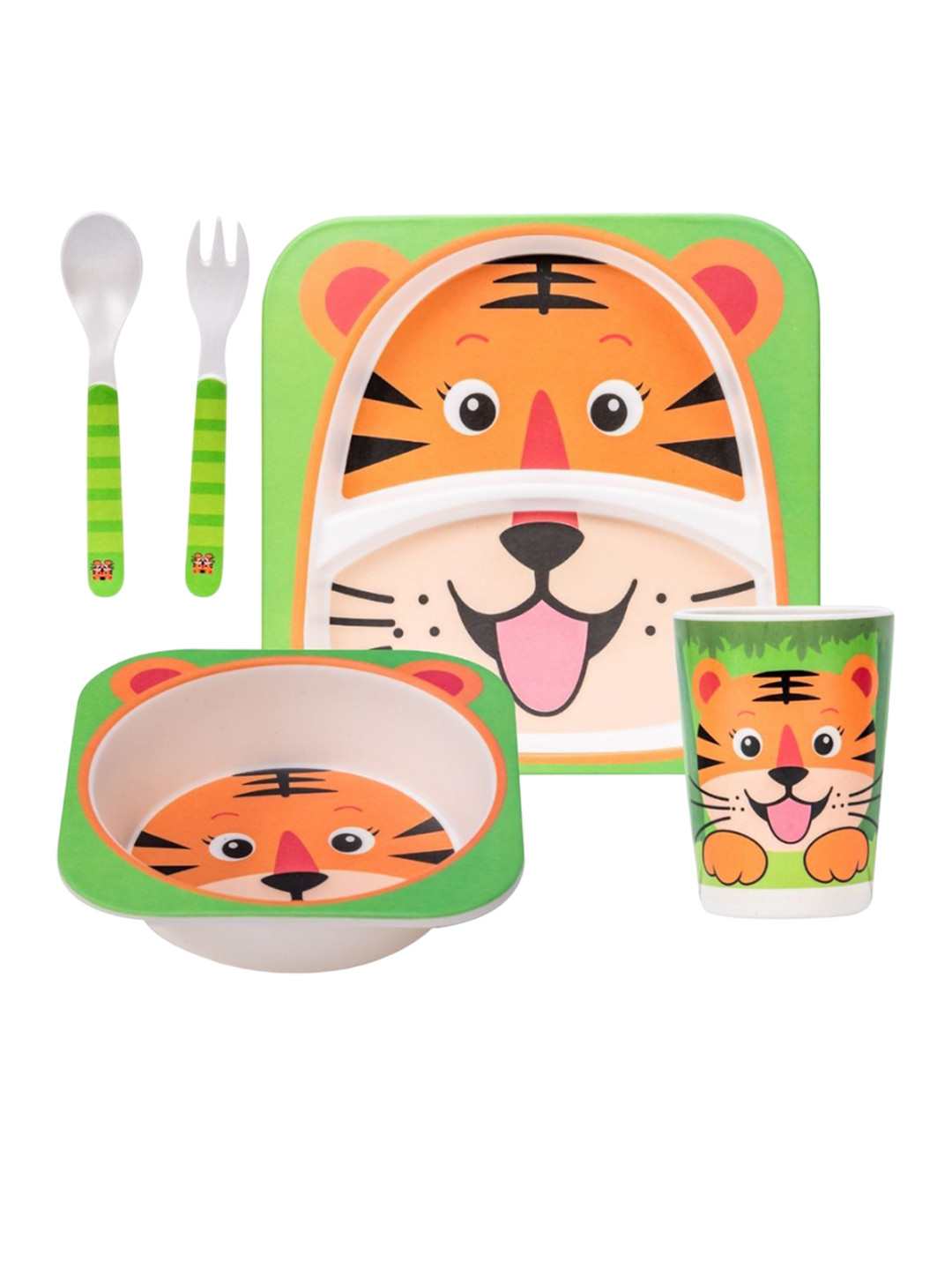 Adore Kids 5Pcs Orange-Colored & Green Printed Bamboo Baby Utensils Set