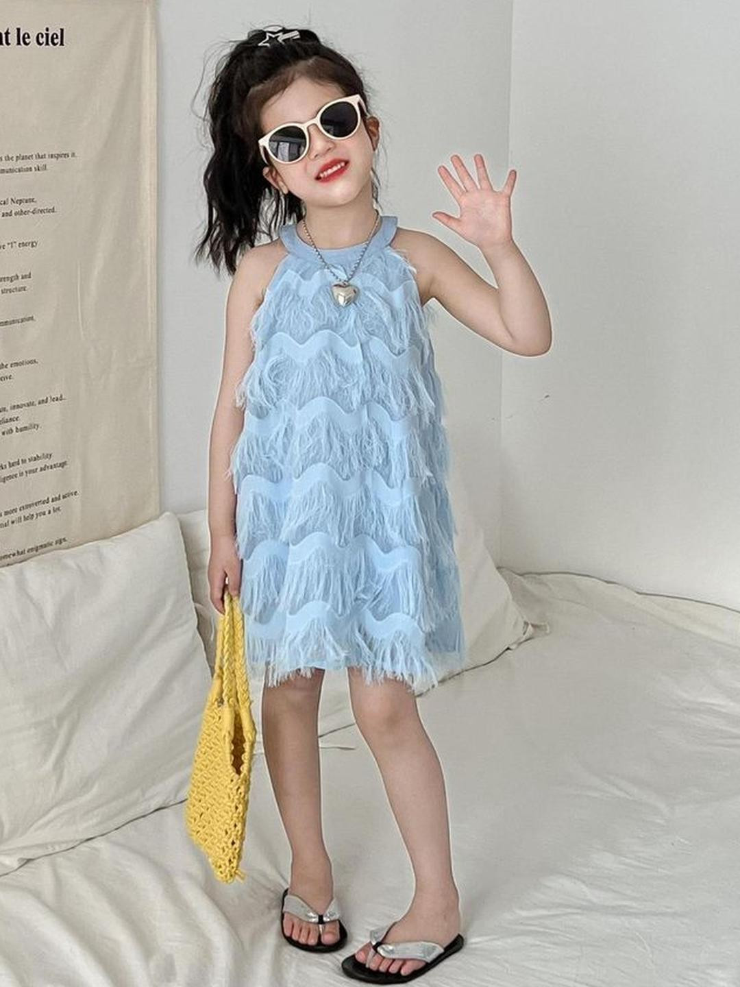 LULU & SKY Girls Self Design Halter Neck Fringer Trimmed A-Line Dress